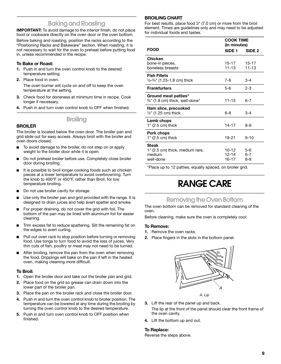 Range care, Baking and roasting, Broiling | Removing the oven bottom | Estate W10173325A User Manual | Page 9 / 28