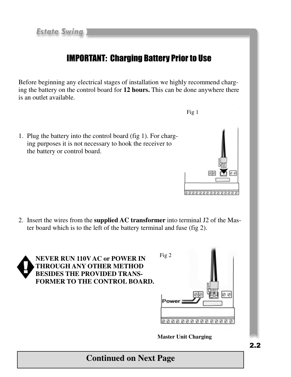 Important: charging battery prior to use, Continued on next page | Estate E-SC 1102 User Manual | Page 11 / 38