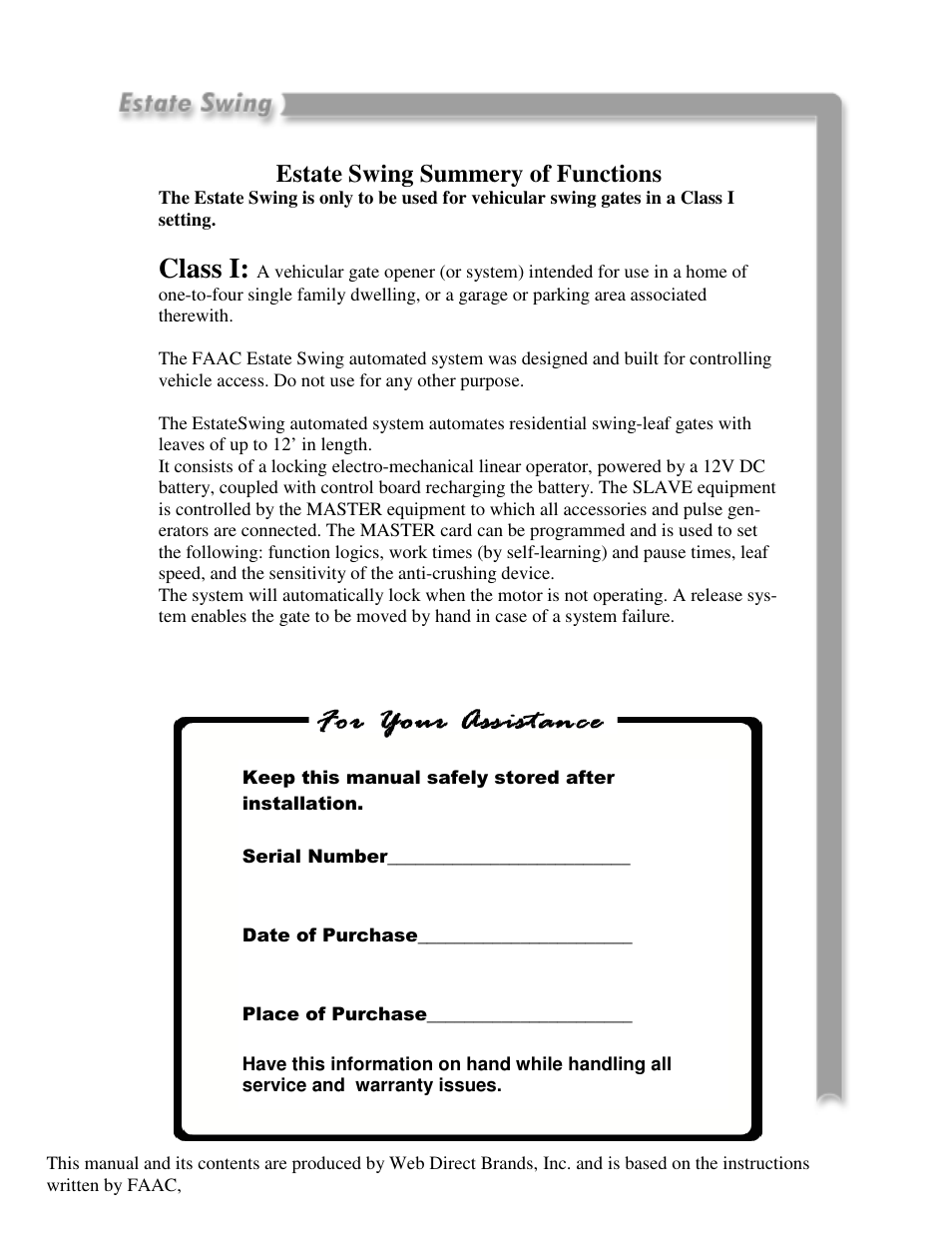 Class i, Estate swing summery of functions | Estate E-SC 1102 User Manual | Page 3 / 38