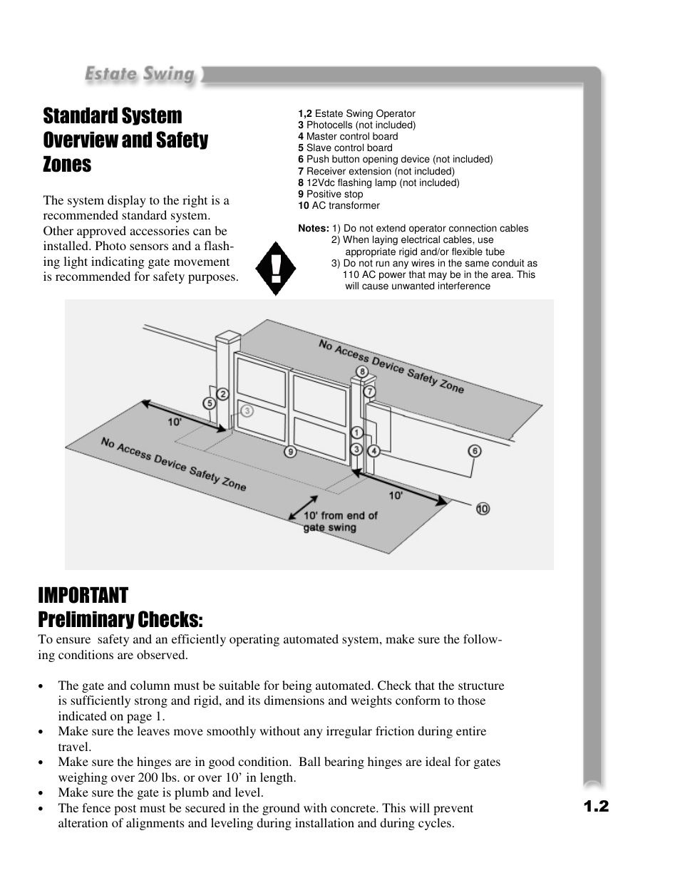 Standard system overview and safety zones, Important preliminary checks | Estate E-SC 1102 User Manual | Page 7 / 38