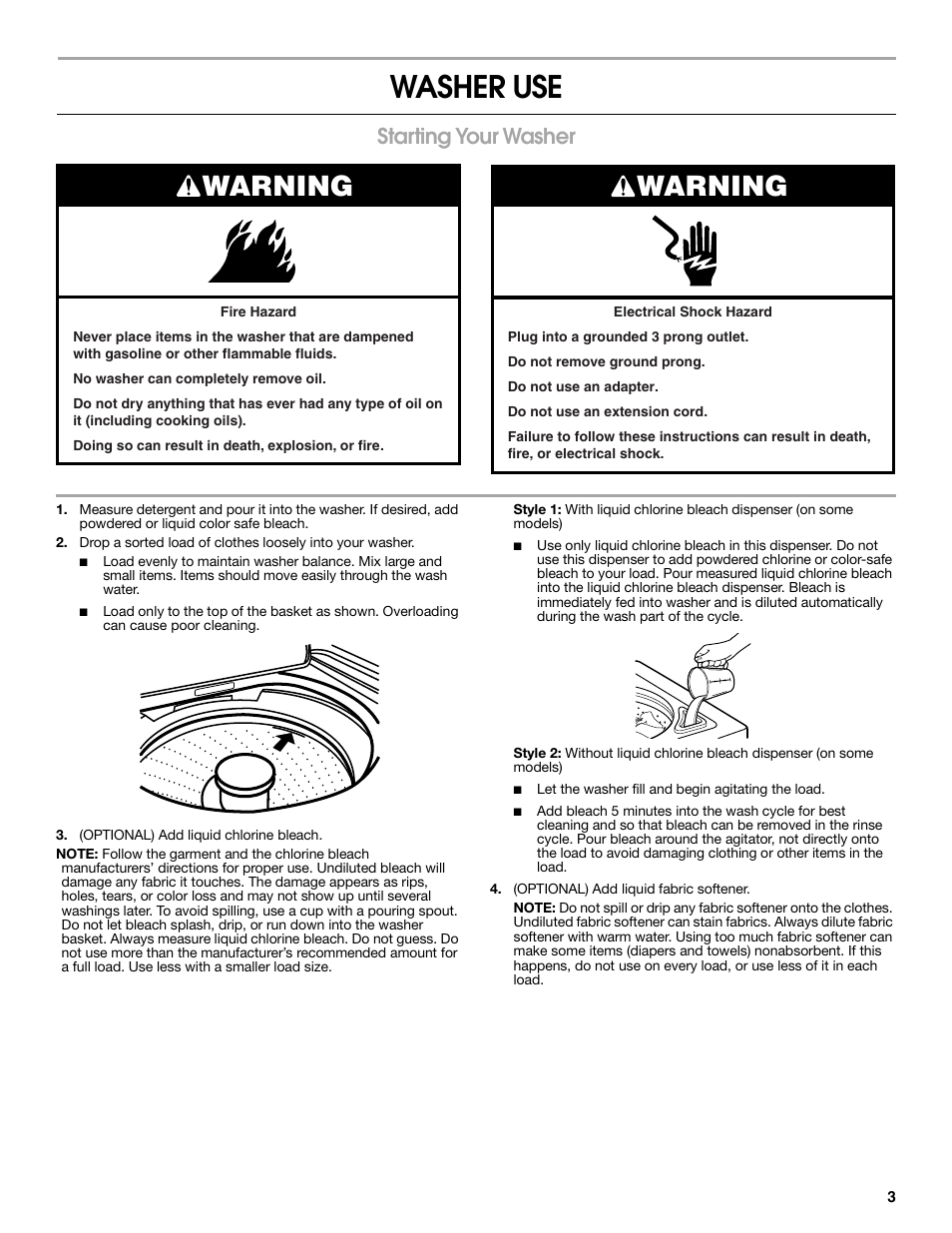 Washer use, Warning, Starting your washer | Estate 3955886 User Manual | Page 3 / 8