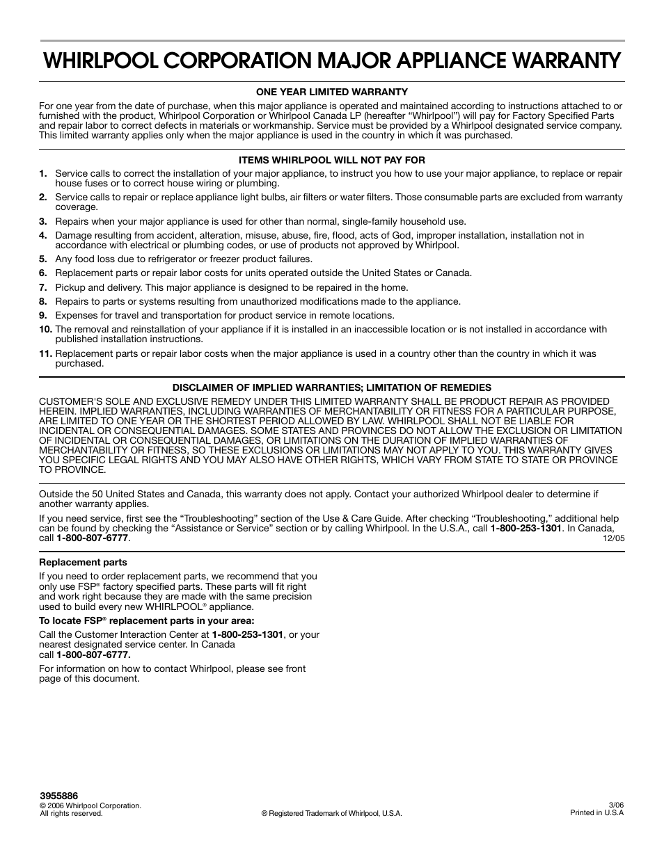 Whirlpool corporation major appliance warranty | Estate 3955886 User Manual | Page 8 / 8