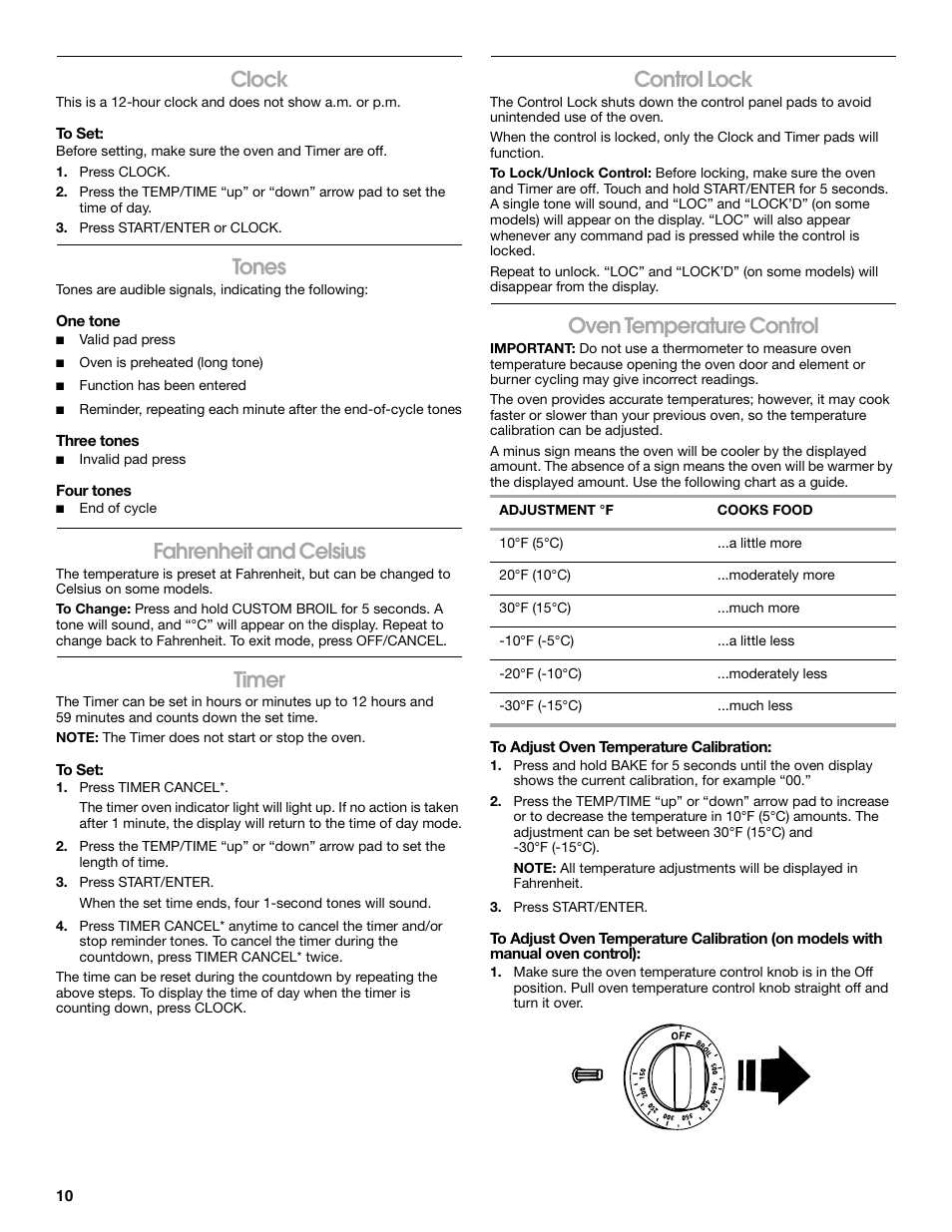 Clock, Tones, Fahrenheit and celsius | Timer, Control lock, Oven temperature control | Estate W10017730 User Manual | Page 10 / 20