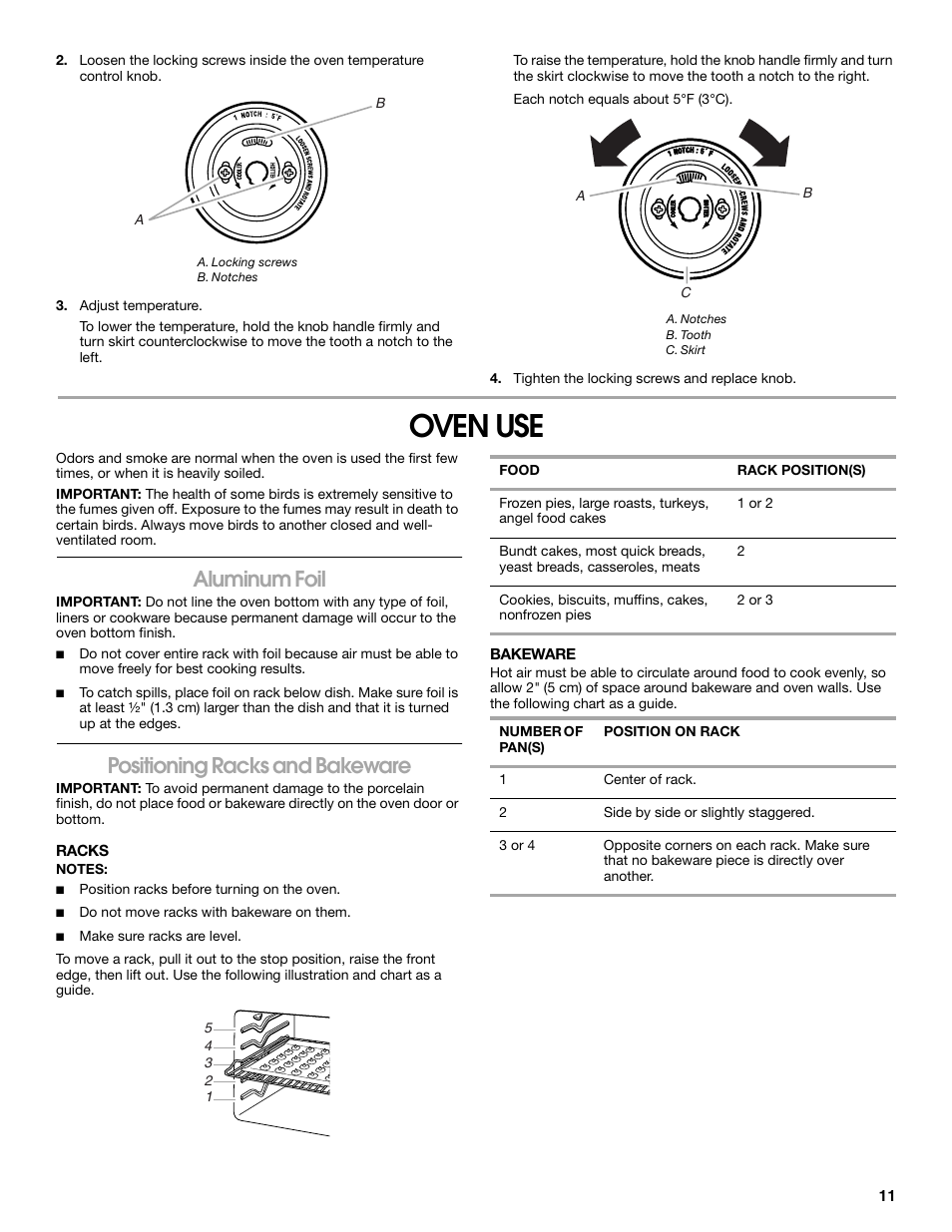 Oven use, Aluminum foil, Positioning racks and bakeware | Estate W10017730 User Manual | Page 11 / 20