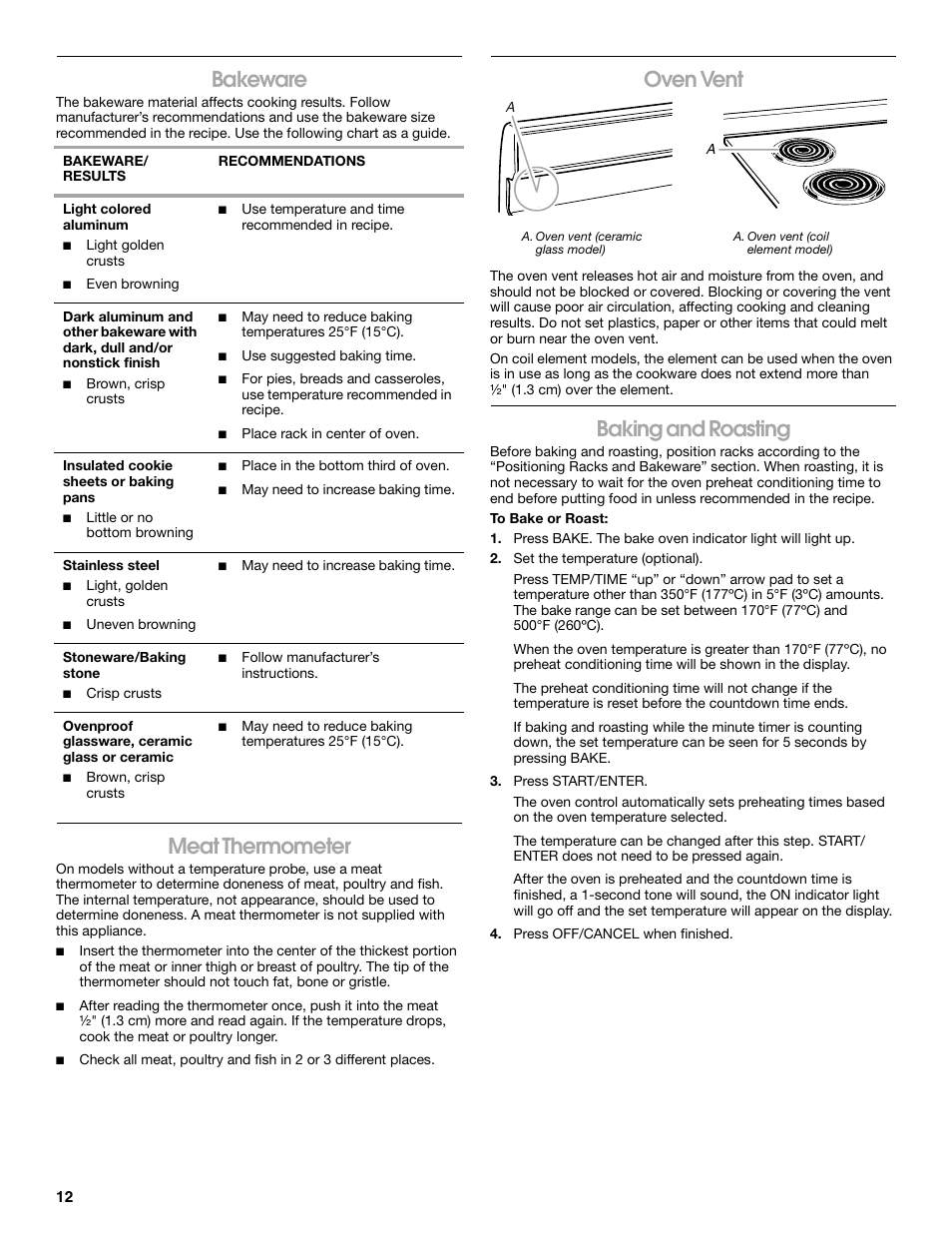 Bakeware, Meat thermometer, Oven vent | Baking and roasting | Estate W10017730 User Manual | Page 12 / 20