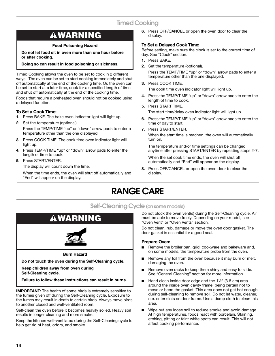 Range care, Warning, Timed cooking | Self-cleaning cycle | Estate W10017730 User Manual | Page 14 / 20