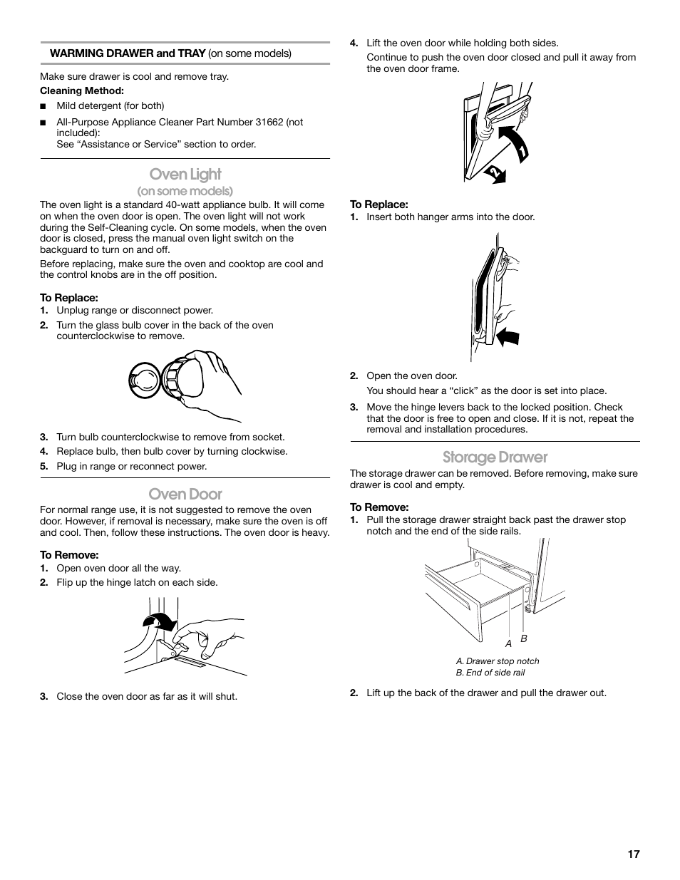 Oven light, Oven door, Storage drawer | Estate W10017730 User Manual | Page 17 / 20
