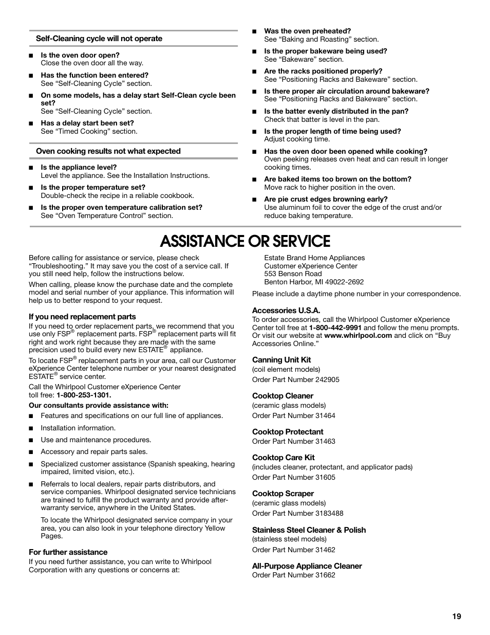 Assistance or service | Estate W10017730 User Manual | Page 19 / 20
