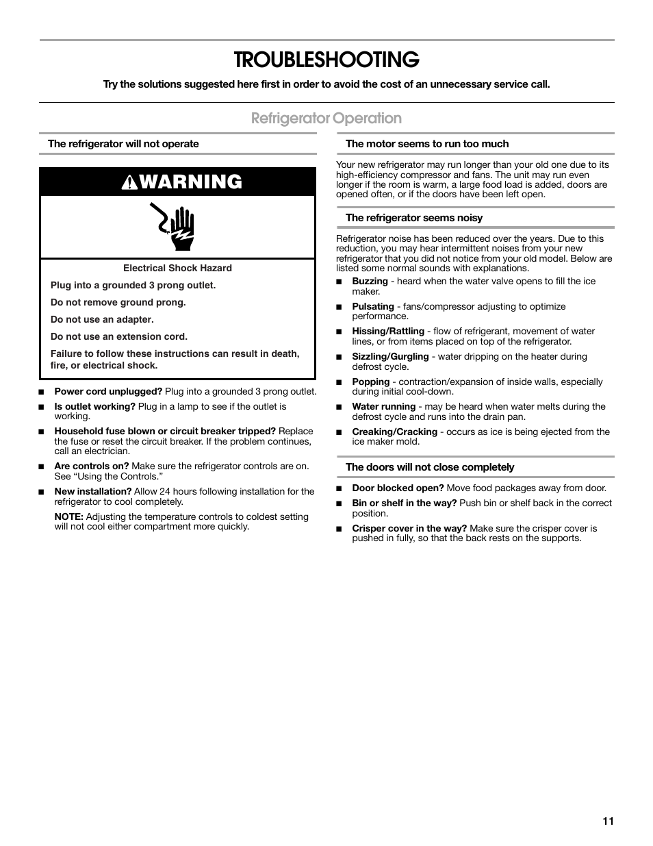 Troubleshooting, Warning, Refrigerator operation | Estate 2316077B User Manual | Page 11 / 40