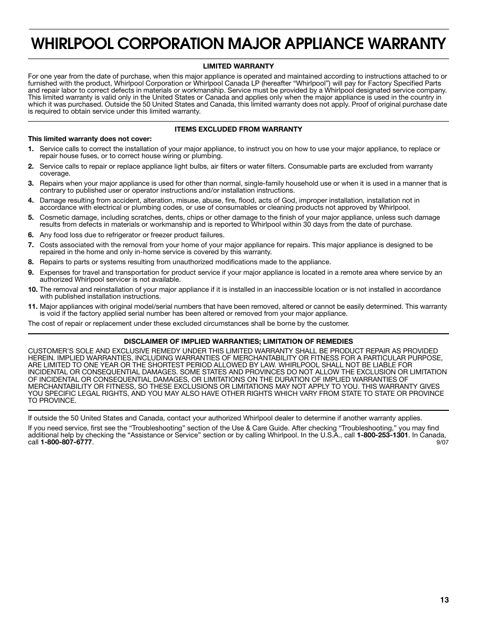 Whirlpool corporation major appliance warranty | Estate 2316077B User Manual | Page 13 / 40