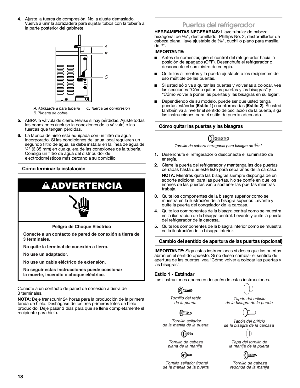 Advertencia, Puertas del refrigerador | Estate 2316077B User Manual | Page 18 / 40