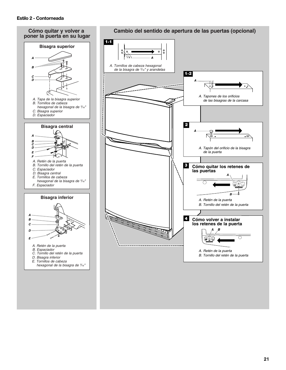 Cómo quitar y volver a poner la puerta en su lugar, 21 estilo 2 - contorneada | Estate 2316077B User Manual | Page 21 / 40