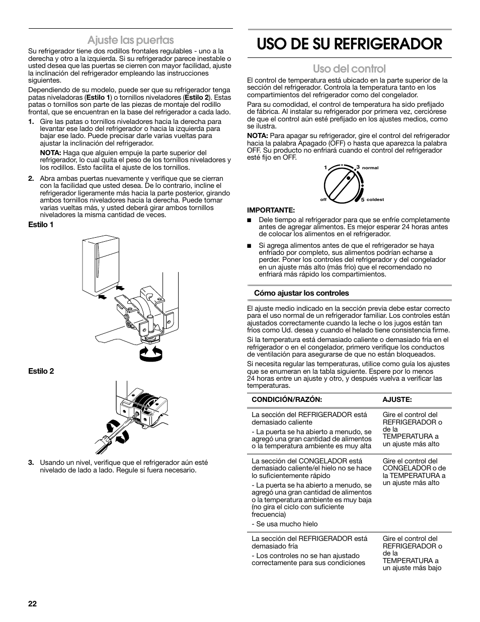 Uso de su refrigerador, Ajuste las puertas, Uso del control | Estate 2316077B User Manual | Page 22 / 40