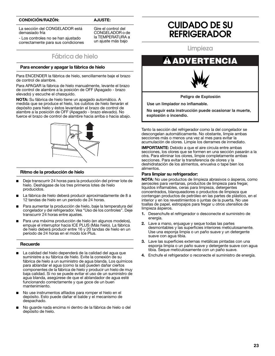 Cuidado de su refrigerador, Advertencia, Fábrica de hielo | Limpieza | Estate 2316077B User Manual | Page 23 / 40
