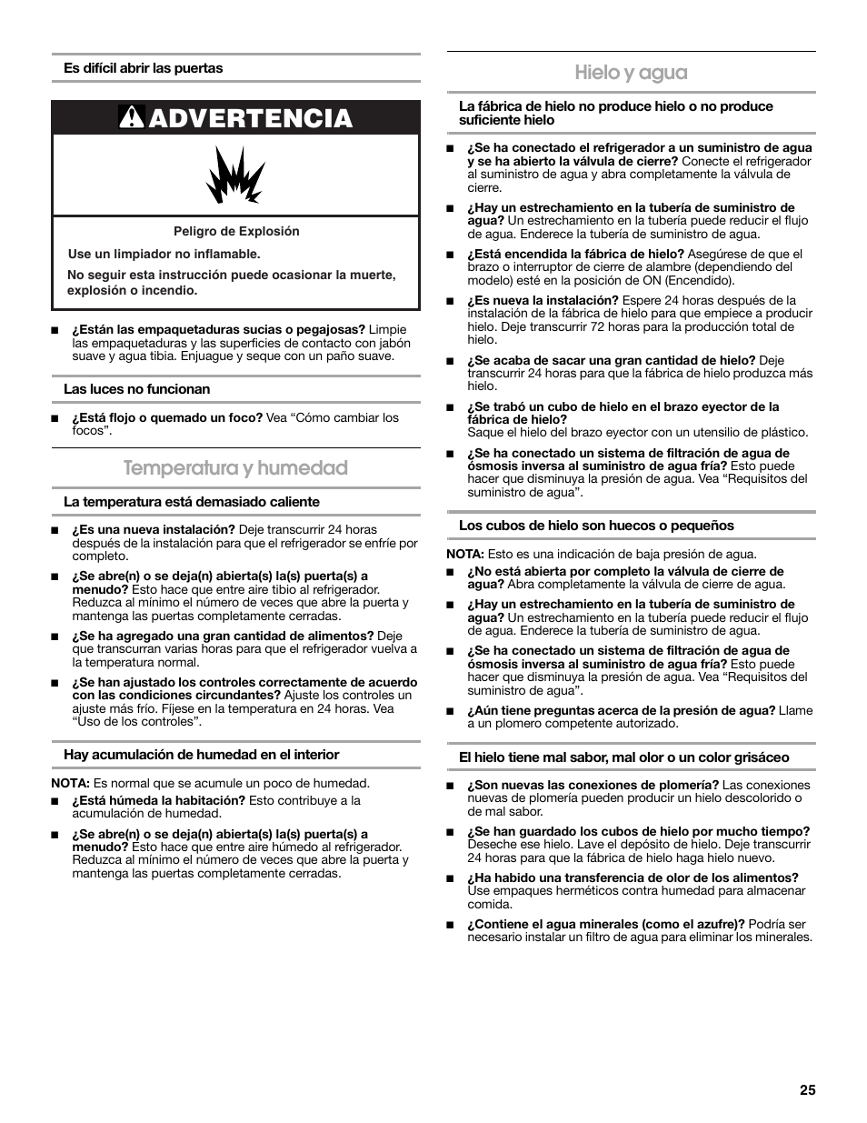 Advertencia, Temperatura y humedad, Hielo y agua | Estate 2316077B User Manual | Page 25 / 40
