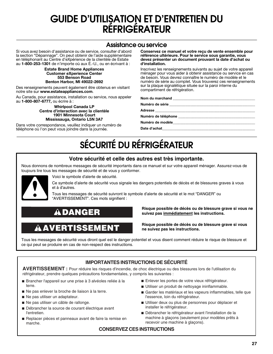 Sécurité du réfrigérateur, Avertissement danger, Assistance ou service | Estate 2316077B User Manual | Page 27 / 40