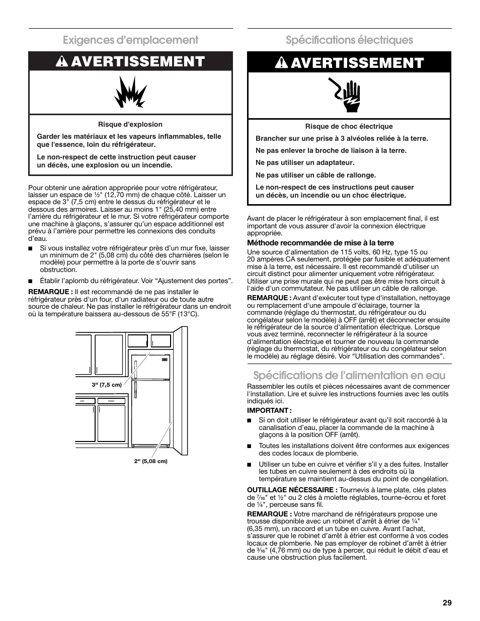 Avertissement, Exigences d’emplacement, Spécifications électriques | Spécifications de l’alimentation en eau | Estate 2316077B User Manual | Page 29 / 40