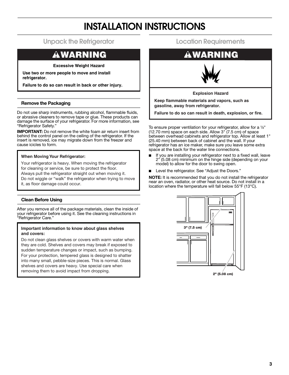 Installation instructions, Warning, Unpack the refrigerator | Location requirements | Estate 2316077B User Manual | Page 3 / 40