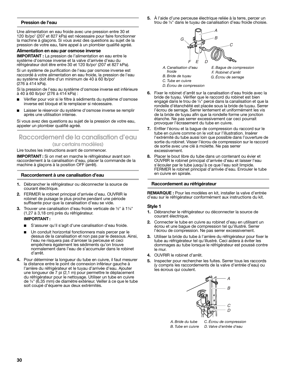 Raccordement de la canalisation d’eau, Sur certains modèles) | Estate 2316077B User Manual | Page 30 / 40