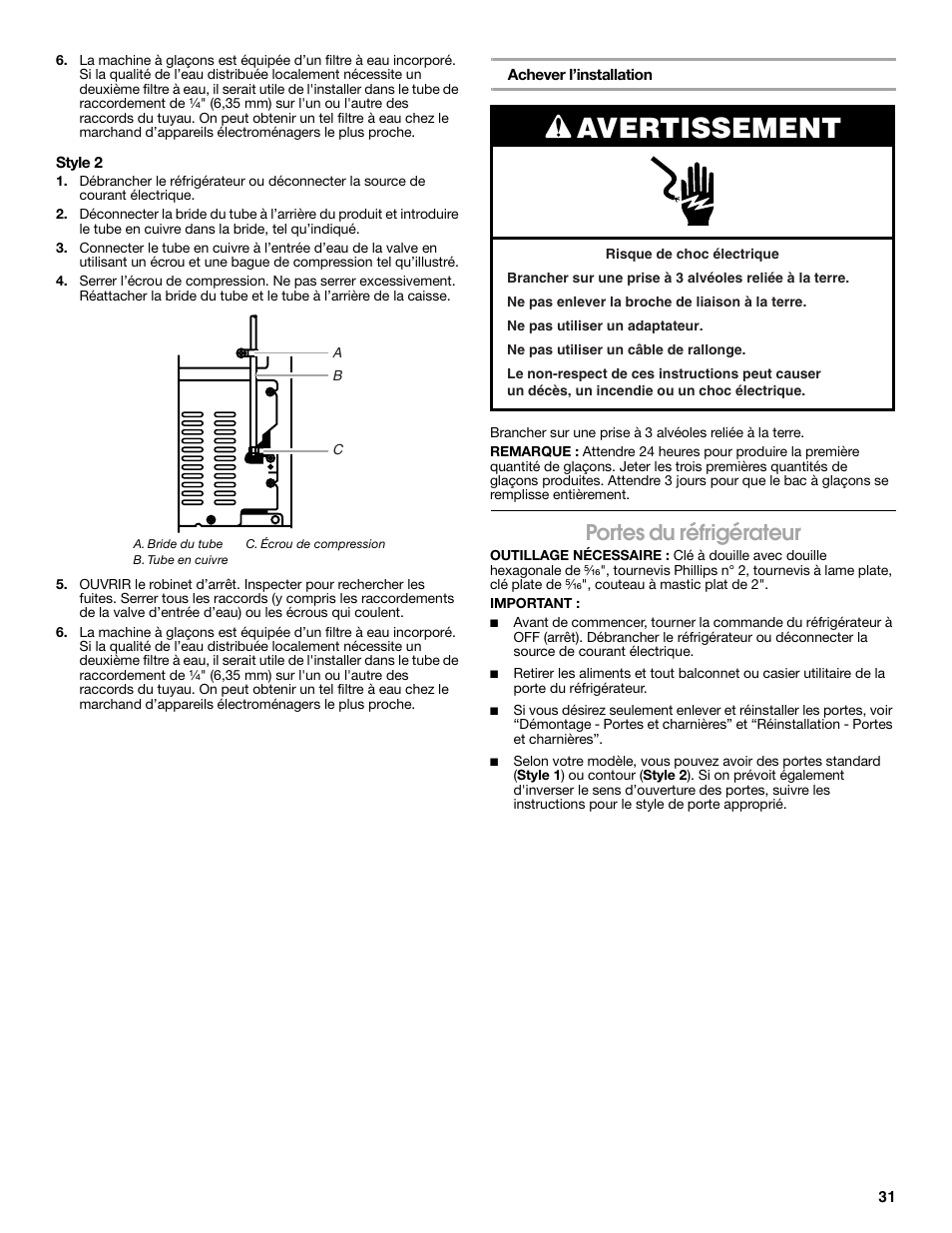 Avertissement, Portes du réfrigérateur | Estate 2316077B User Manual | Page 31 / 40