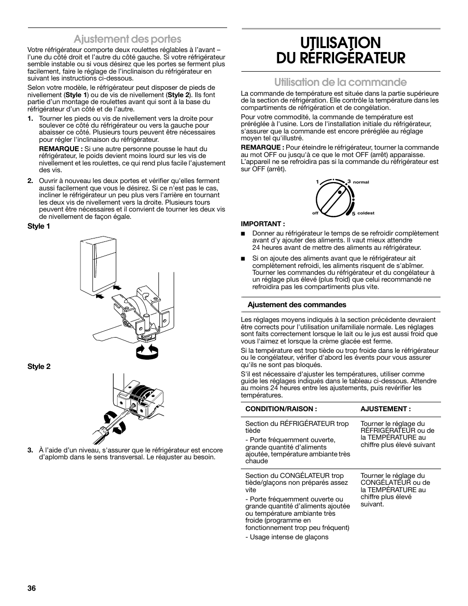 Utilisation du réfrigérateur, Ajustement des portes, Utilisation de la commande | Estate 2316077B User Manual | Page 36 / 40