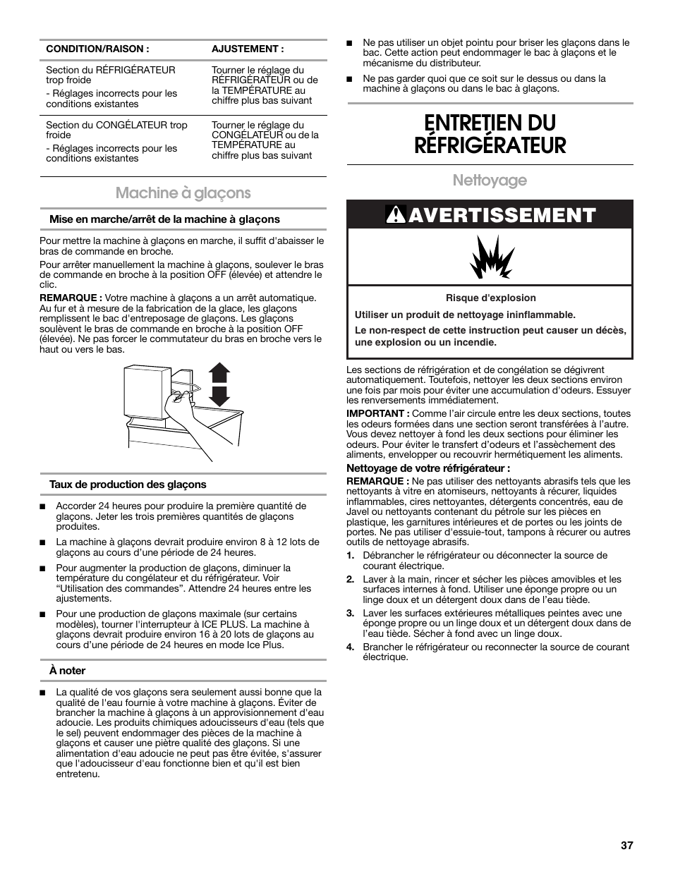 Entretien du réfrigérateur, Avertissement, Machine à glaçons | Nettoyage | Estate 2316077B User Manual | Page 37 / 40
