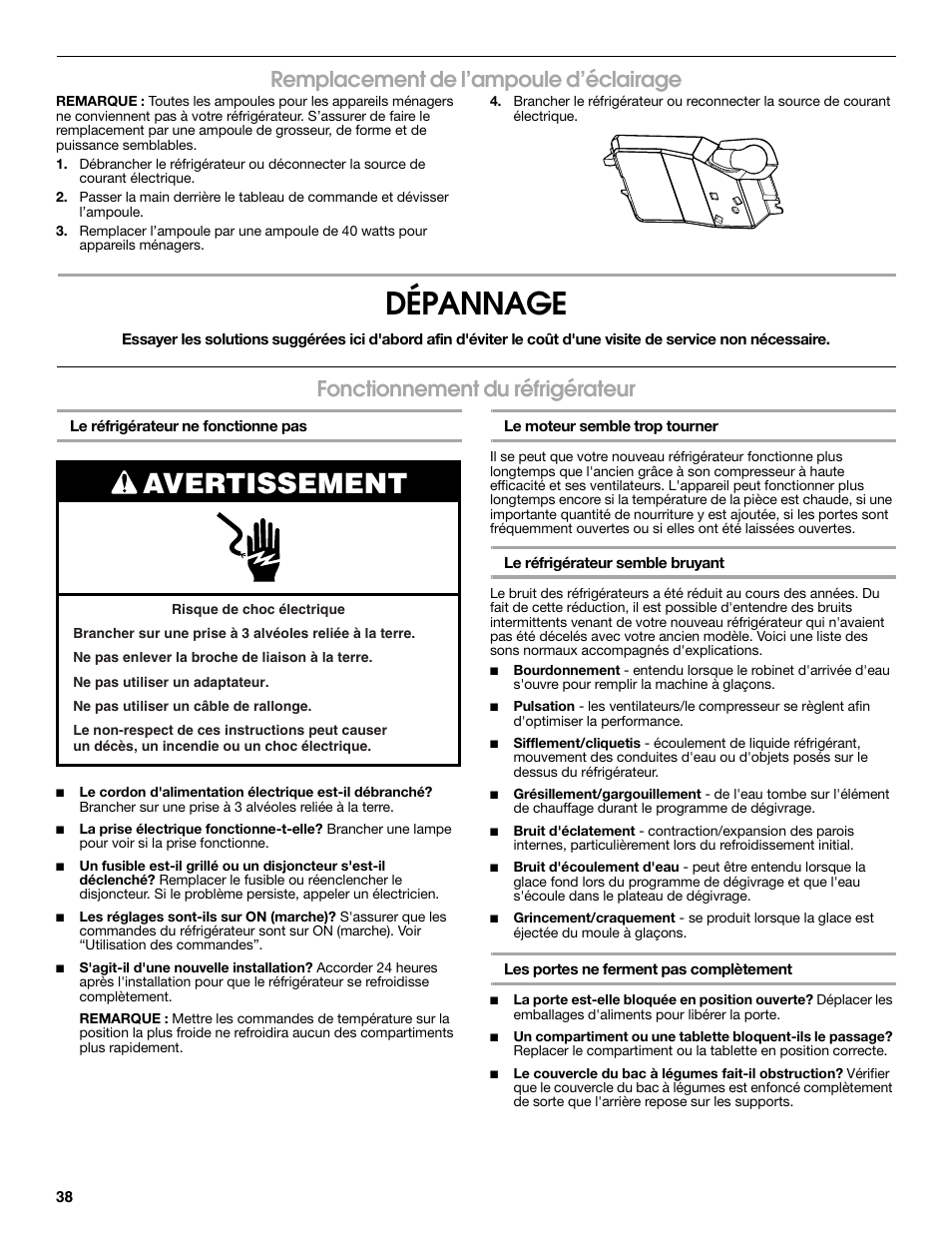 Dépannage, Avertissement, Remplacement de l’ampoule d’éclairage | Fonctionnement du réfrigérateur | Estate 2316077B User Manual | Page 38 / 40