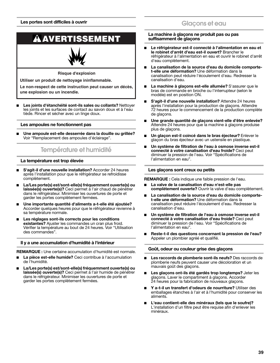 Avertissement, Température et humidité, Glaçons et eau | Estate 2316077B User Manual | Page 39 / 40