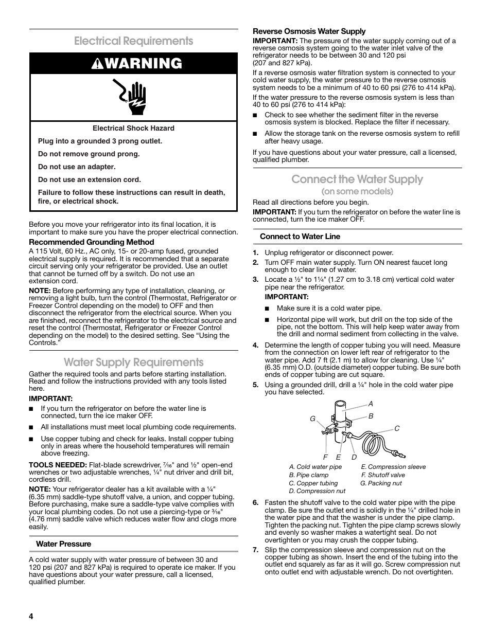 Warning, Electrical requirements, Water supply requirements | Connect the water supply | Estate 2316077B User Manual | Page 4 / 40