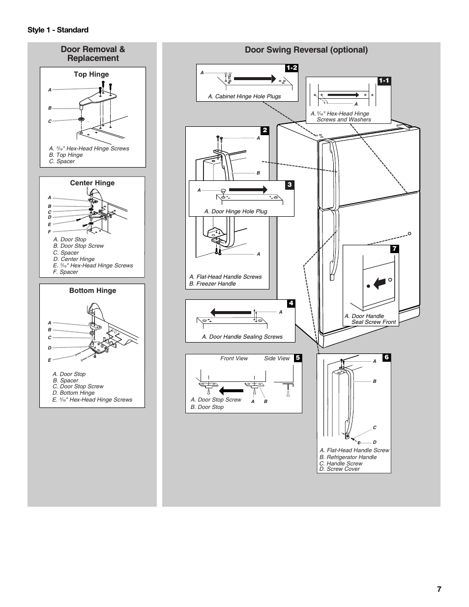 Door removal & replacement, Door swing reversal (optional), 7style 1 - standard | Top hinge bottom hinge, Center hinge | Estate 2316077B User Manual | Page 7 / 40
