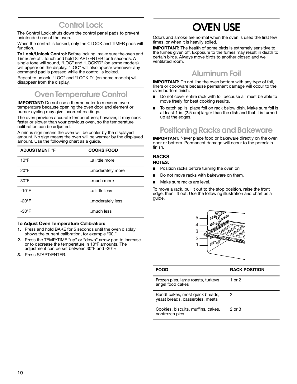 Oven use, Control lock, Oven temperature control | Aluminum foil, Positioning racks and bakeware | Estate 9782188A User Manual | Page 10 / 20