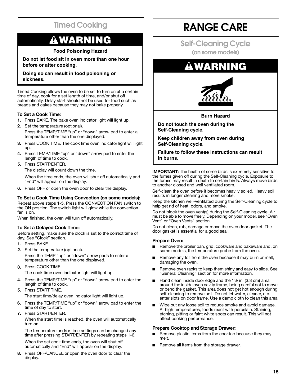 Range care, Warning, Timed cooking | Self-cleaning cycle | Estate 9782188A User Manual | Page 15 / 20