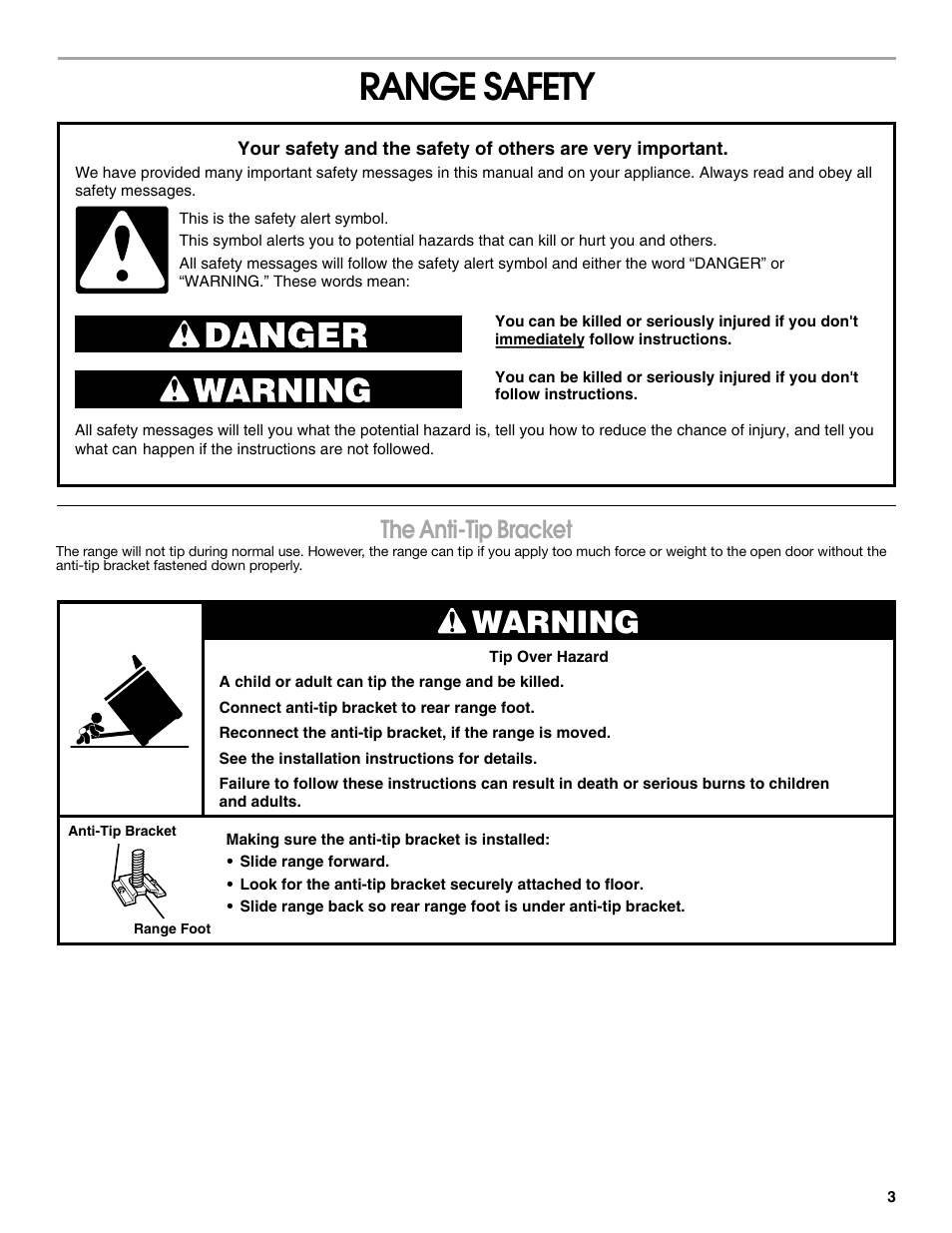 Range safety, Warning, The anti-tip bracket | Estate 9782188A User Manual | Page 3 / 20