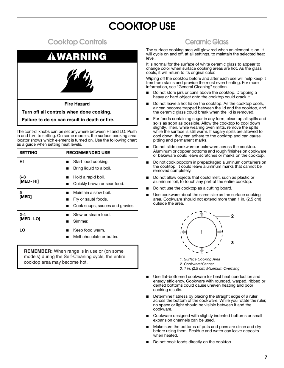 Cooktop use, Warning, Cooktop controls | Ceramic glass | Estate 9782188A User Manual | Page 7 / 20
