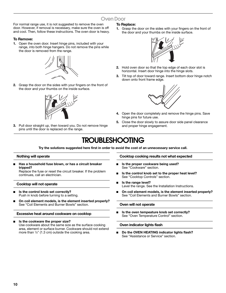 Troubleshooting, Oven door | Estate W10175655A User Manual | Page 10 / 24