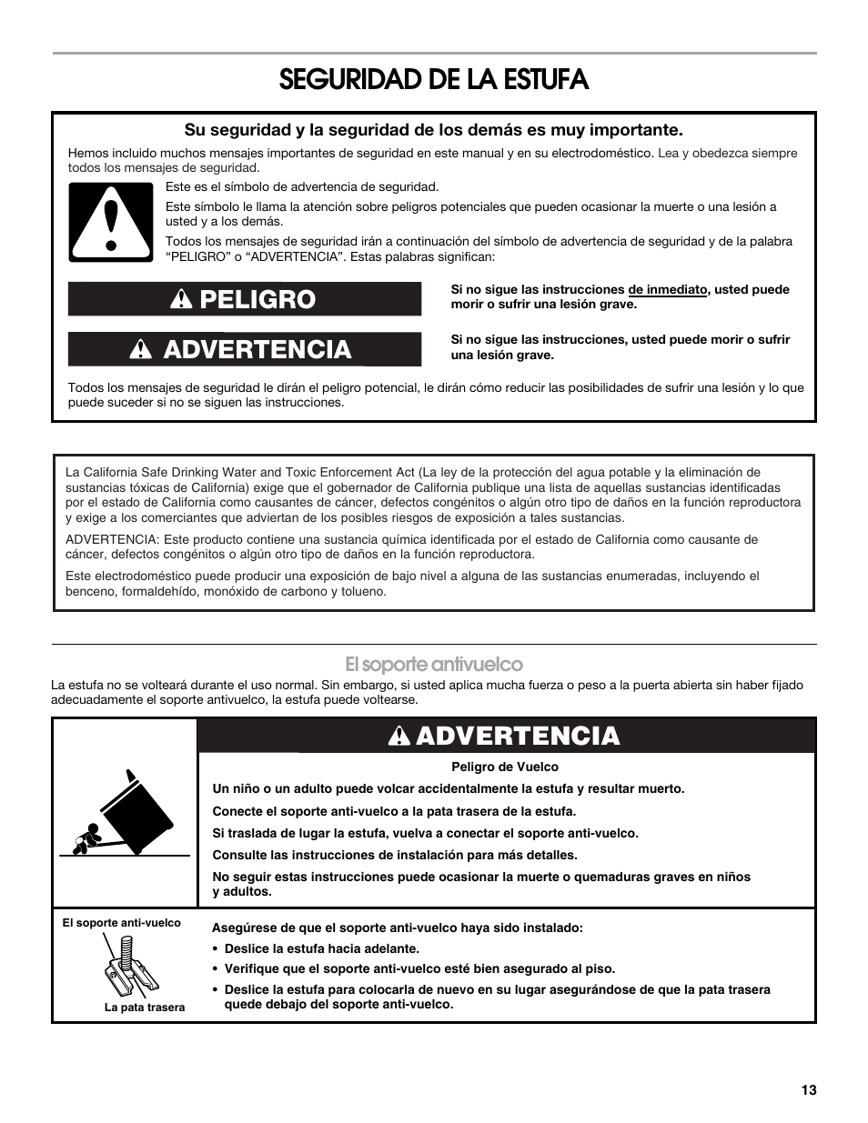 Seguridad de la estufa, Advertencia peligro, Advertencia | El soporte antivuelco | Estate W10175655A User Manual | Page 13 / 24