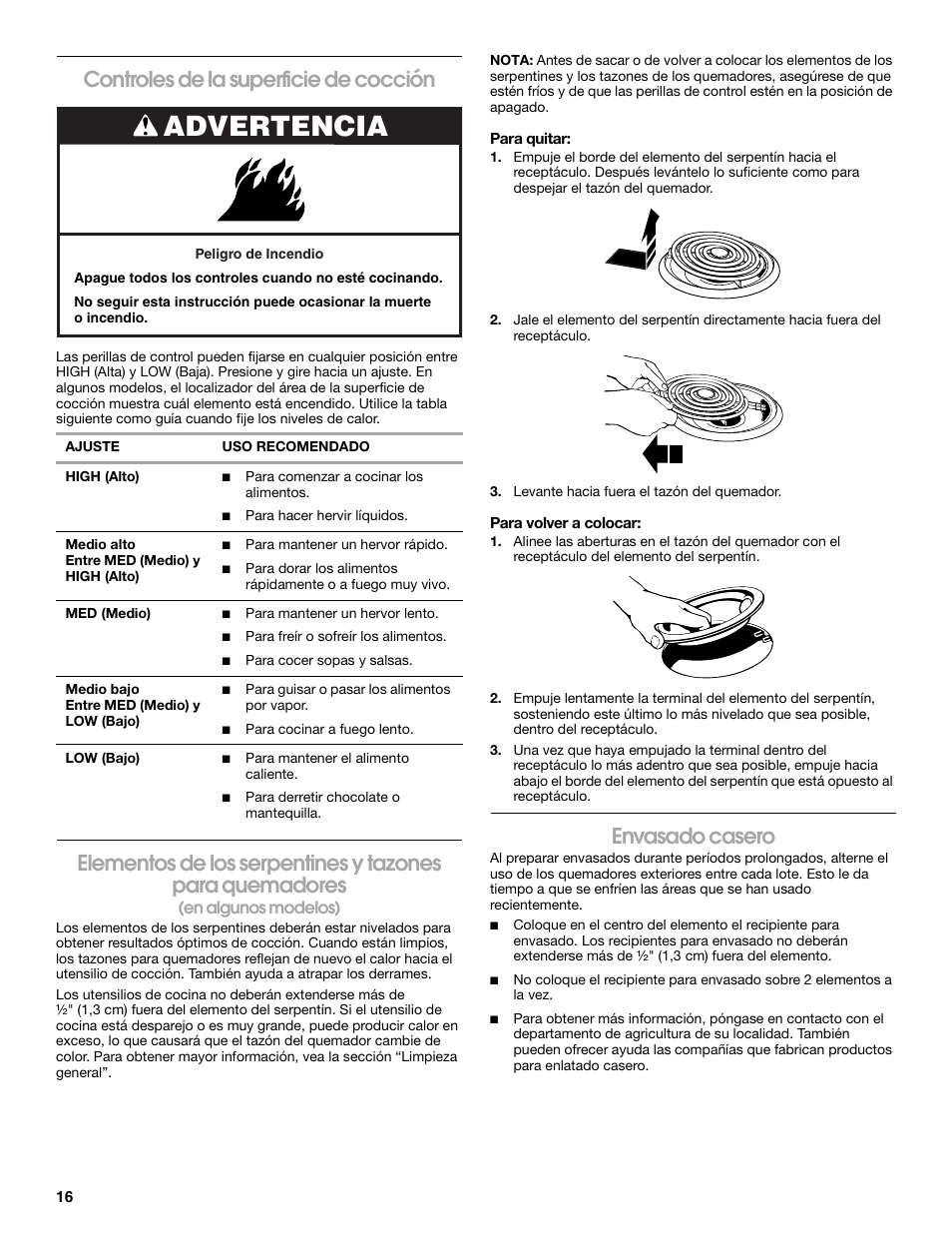 Advertencia, Controles de la superficie de cocción, Envasado casero | Estate W10175655A User Manual | Page 16 / 24