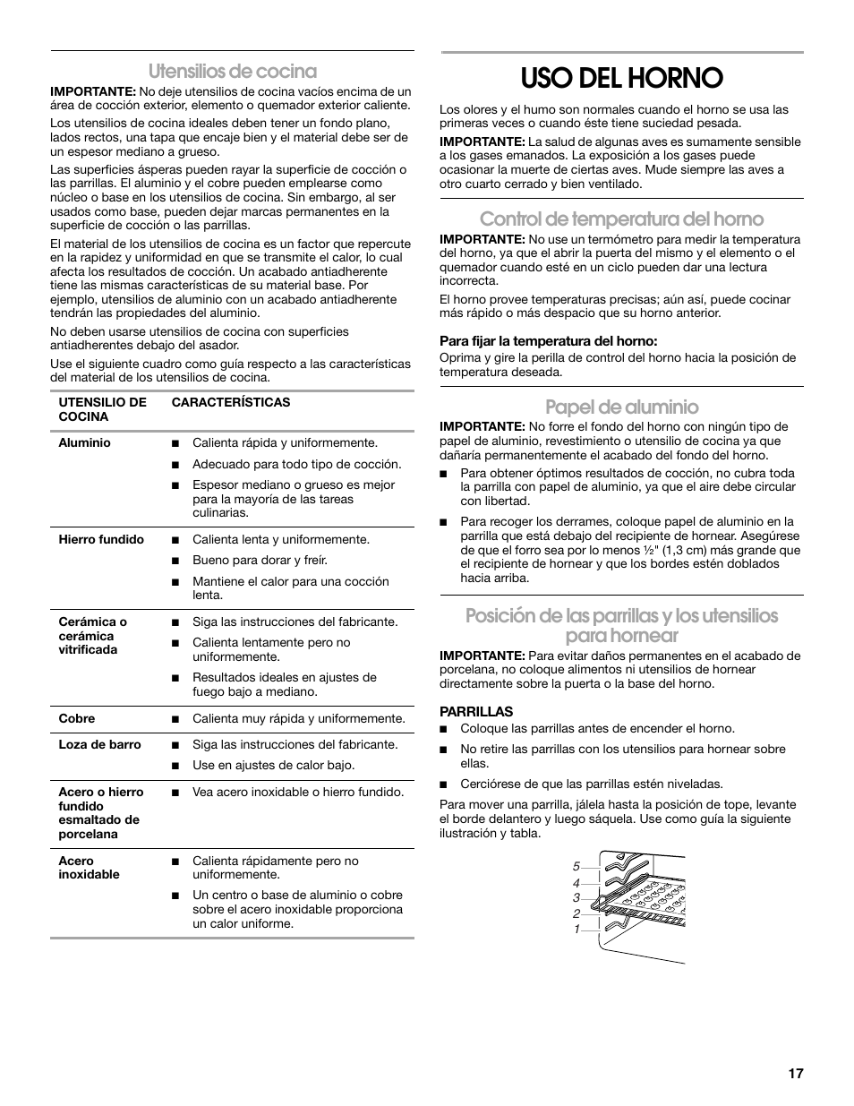 Uso del horno, Utensilios de cocina, Control de temperatura del horno | Papel de aluminio | Estate W10175655A User Manual | Page 17 / 24