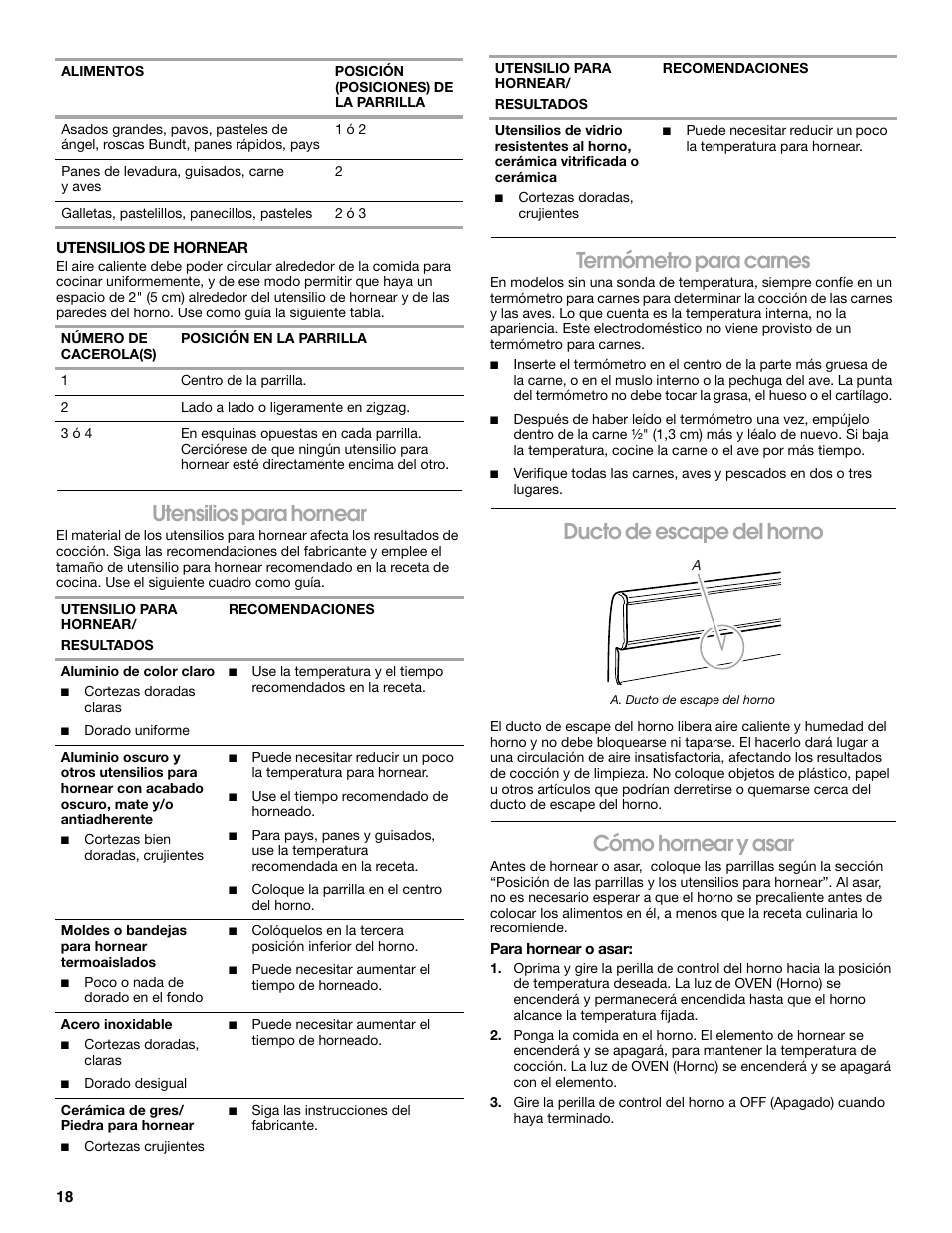 Utensilios para hornear, Termómetro para carnes, Ducto de escape del horno | Cómo hornear y asar | Estate W10175655A User Manual | Page 18 / 24