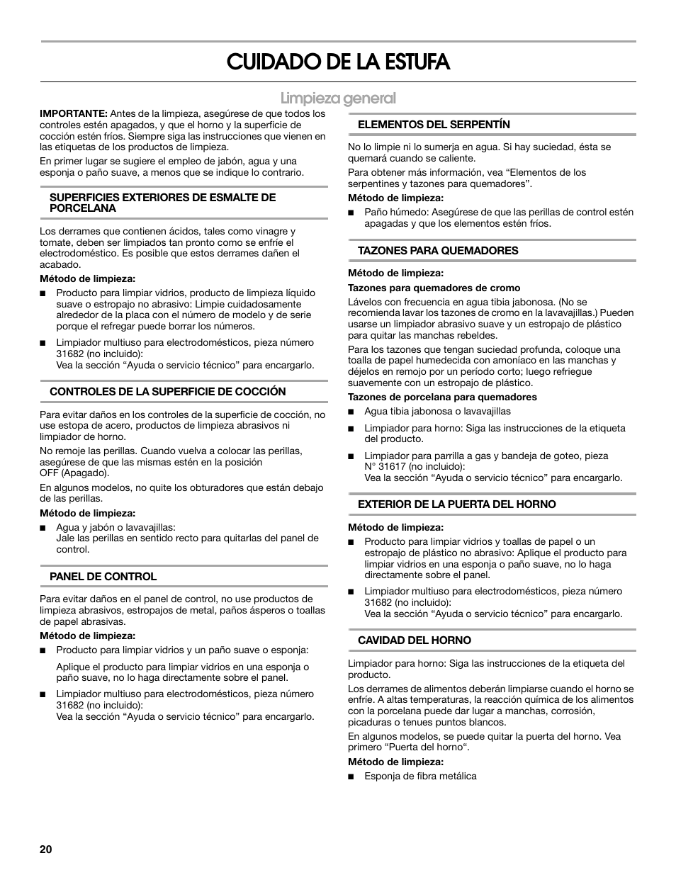 Cuidado de la estufa, Limpieza general | Estate W10175655A User Manual | Page 20 / 24