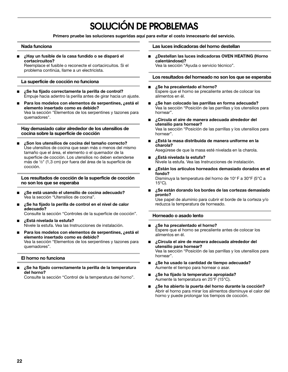 Solución de problemas | Estate W10175655A User Manual | Page 22 / 24