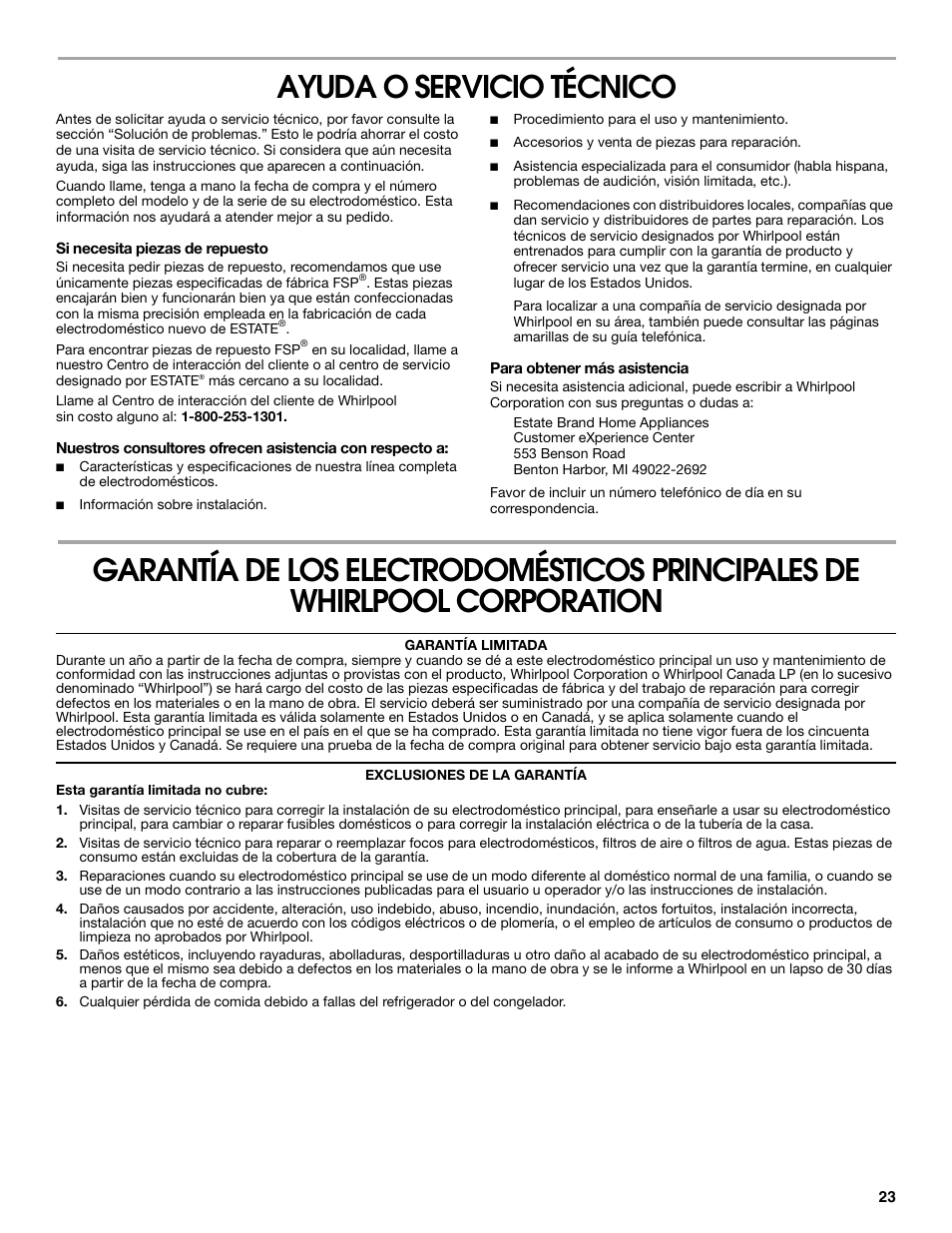 Ayuda o servicio técnico | Estate W10175655A User Manual | Page 23 / 24
