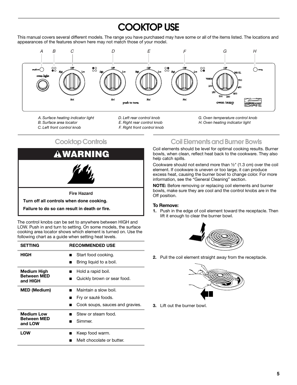 Cooktop use, Warning, Cooktop controls | Coil elements and burner bowls | Estate W10175655A User Manual | Page 5 / 24