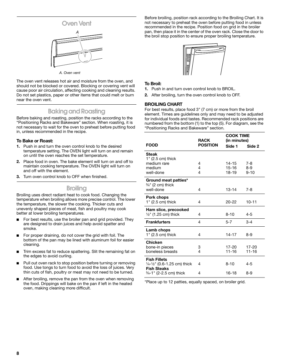 Oven vent, Baking and roasting, Broiling | Estate W10175655A User Manual | Page 8 / 24