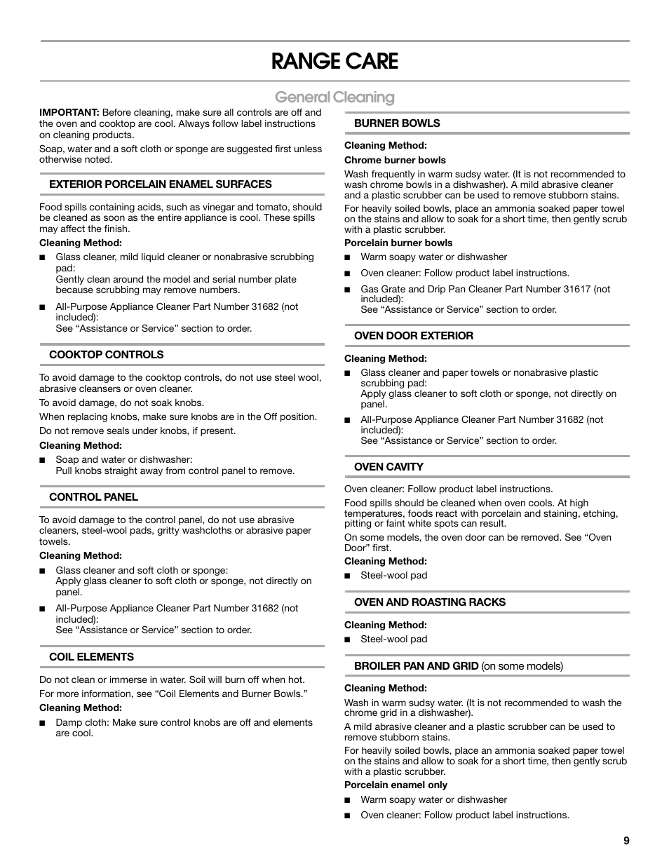 Range care, General cleaning | Estate W10175655A User Manual | Page 9 / 24