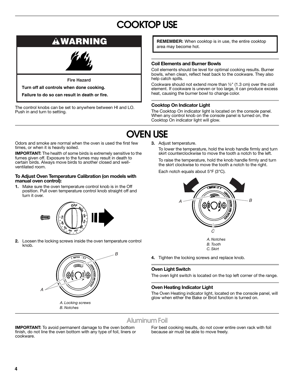 Cooktop use, Oven use, Warning | Aluminum foil | Estate TEP315VQ User Manual | Page 4 / 8