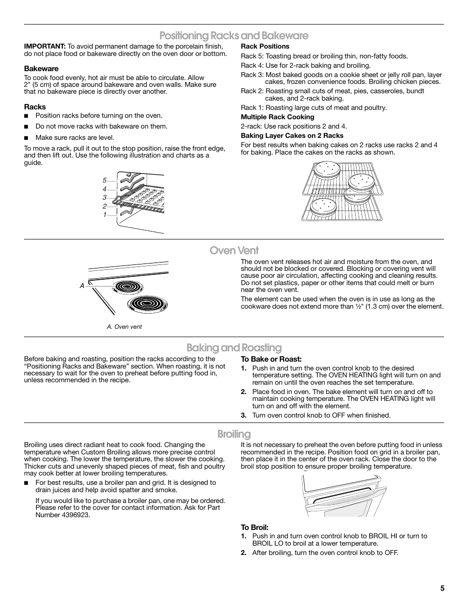 Positioning racks and bakeware, Oven vent, Baking and roasting | Broiling | Estate TEP315VQ User Manual | Page 5 / 8