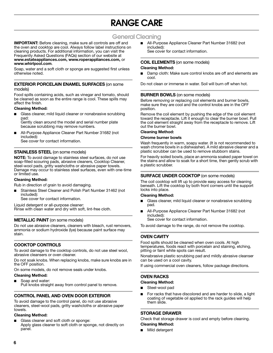 Range care, General cleaning | Estate TEP315VQ User Manual | Page 6 / 8