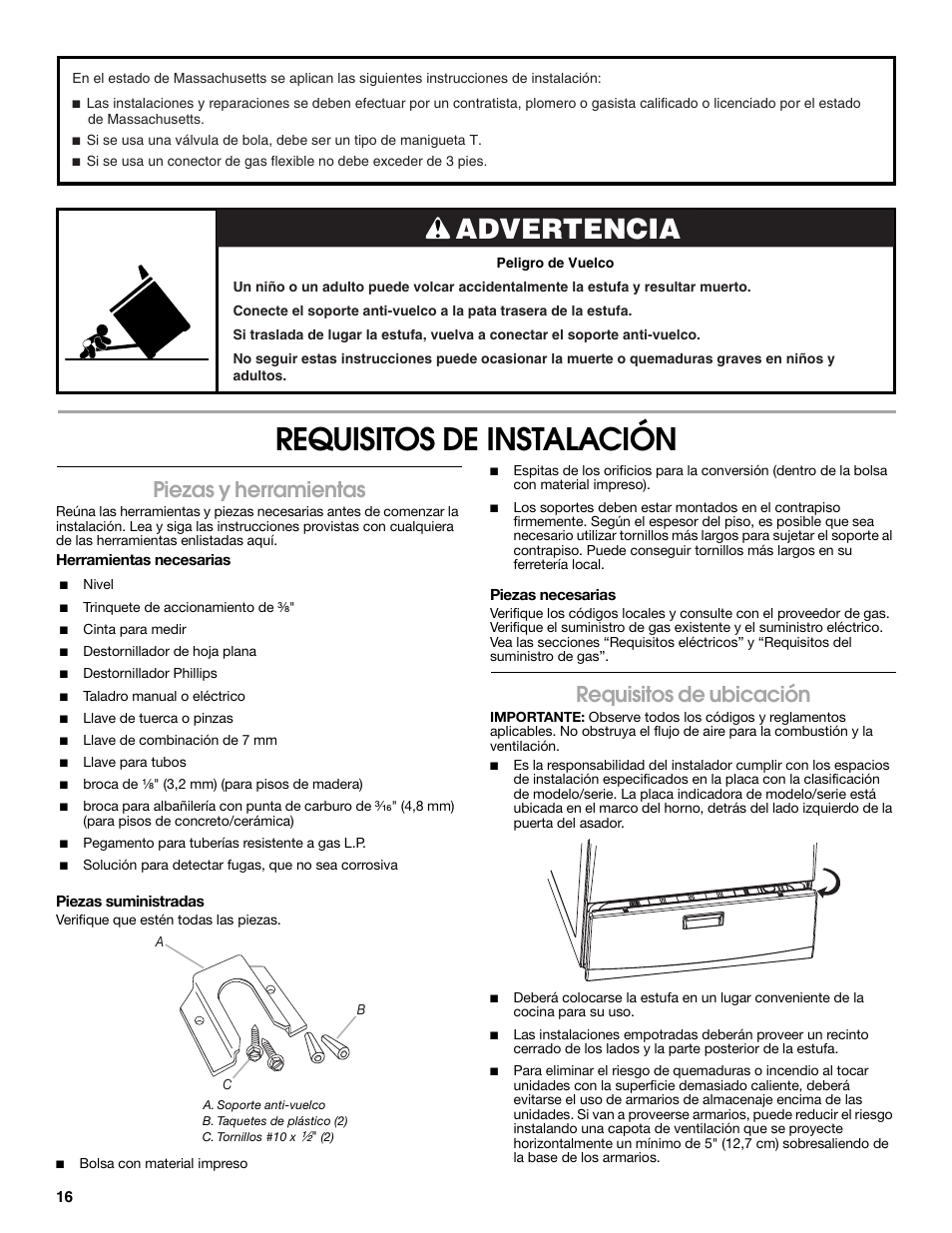 Requisitos de instalación, Advertencia, Piezas y herramientas | Requisitos de ubicación | Estate TGP305T User Manual | Page 16 / 28