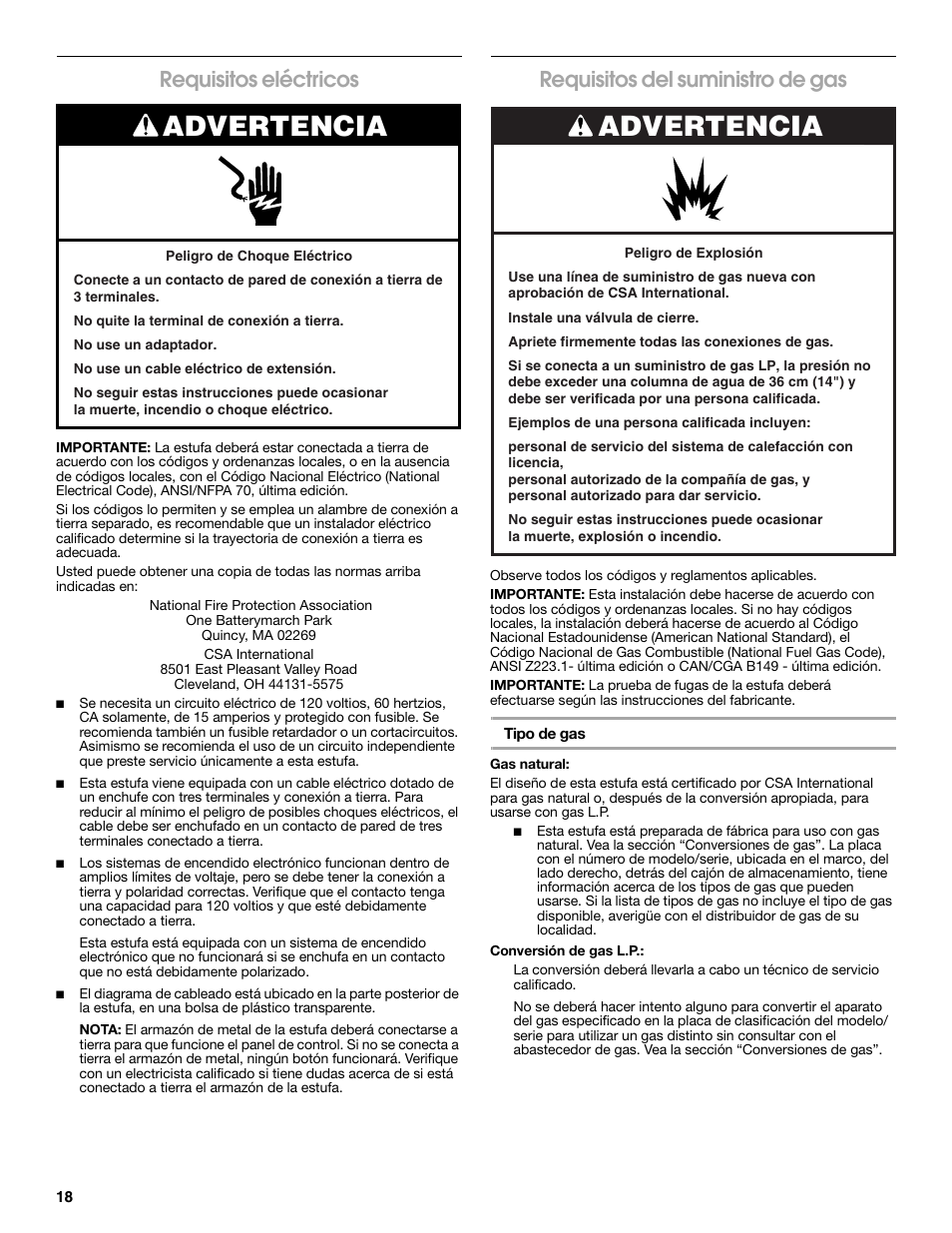Advertencia, Requisitos eléctricos, Requisitos del suministro de gas | Estate TGP305T User Manual | Page 18 / 28